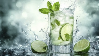 Hand-Drawn Mojito Cocktail With Water Splash: Perfect For Menus, Bars, Cafes, Restaurants, Posters,