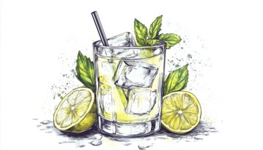 Hand-Drawn Gin And Tonic Cocktail Design For Cafe, Restaurant, Or Bar. Versatile Graphic For Menu,