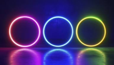 Vibrant Neon Circle Frames On Dark Backdrop: Modern And Eye-Catching Neon Light Circles In Green,