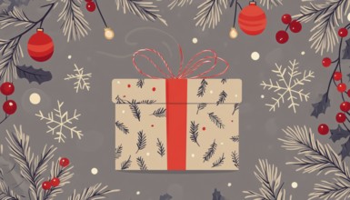 Festive Christmas Patterns: Craft Paper Gifts With Natural Decorations, Garland Lights, Berries,