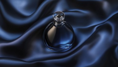 Realistic Perfume Bottle On Silk Fabric With Dark Blue Liquid, Mock Packaging For Scent Fragrance