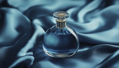 Mock Up Packaging Of Perfume Bottle On Silk Folded Fabric With Dark Blue Liquid. Realistic Scent