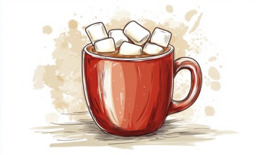 Cozy Winter Doodle: Hand-Drawn Mug Of Hot Chocolate With Marshmallows For Cafe Menu, Invitations,