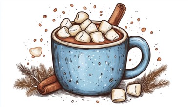 Handcrafted Mug Of Hot Chocolate Or Cocoa With Marshmallows: A Cozy Winter Doodle. Perfect Seasonal