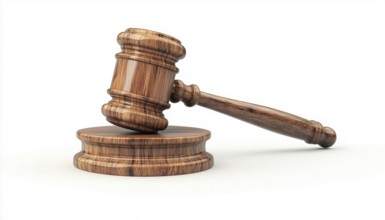 Wooden Auction Hammer With A Stand For Judge'S Adjudication On A White Background: Symbolizing Law,