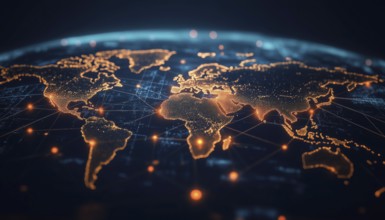 Digital Image Showing Network Connections Across World Map With A Black Background. Focus On