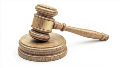 Wooden Auction Hammer On A White Background With Stand For Adjudication By A Judge In The Pursuit