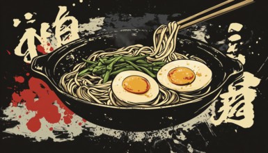 Traditional Japanese Dish Sticker: Hand-Drawn Soba With Stylized Lettering And Ink Drops. Featuring