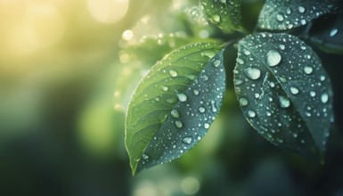 Serenity In The Outdoors: Calming Shades Of Blue And Green, Close-Up Of Morning Dew On Leaves Under