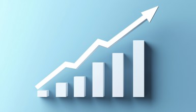 White Graph Bar With Long Shadow On Blue Background Depicting A Growing Bar Graph With Rising Arrow
