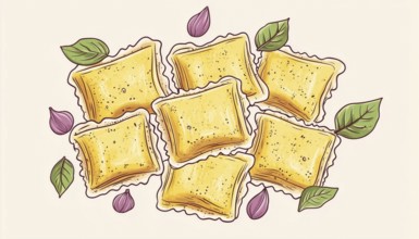 Hand-Drawn Doodle Of Ravioli Pasta Card For Italian Cuisine. Ideal For Menu, Cafe, Restaurant, Bar,