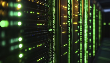 Glowing Green Ambient Light Illuminating Rows Of Servers In Data Center: Technology, Network,