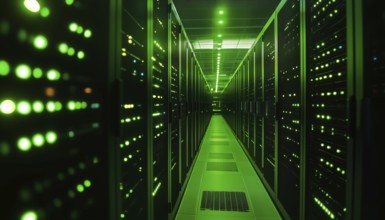 Glowing Green Ambient Light Illuminating Rows Of Servers In Data Center: Technology, Network,