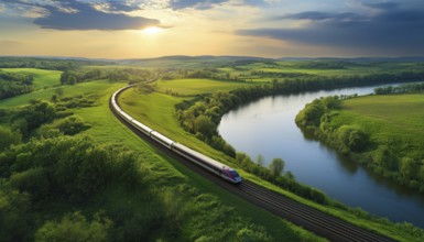 Scenic Train Journey Over A Sparkling River And Lush Green Landscape: A Stunning Travel Experience