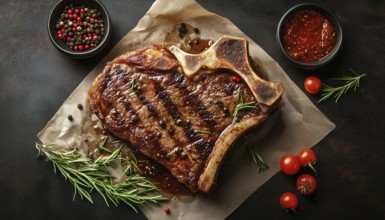 Juicy Aged Beef T-Bone Steak With Rosemary And Spices, Top View In Rustic Setting. Deliciously