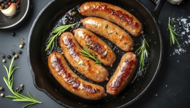 Top-Down View Of Cast Iron Pan With Grilled Pork Sausages On A Barbecue Or Grill. Juicy And