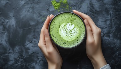 Top View Shot Of Woman Holding A Delicious Matcha Latte In A Dark Gray Background, Captured In A