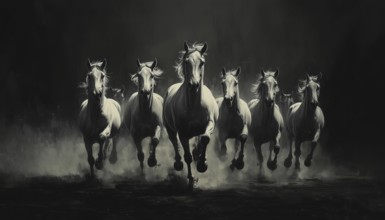 A Stunning Scene Of Gray Scale Horses Galloping Towards The Viewer In A Majestic Herd - A