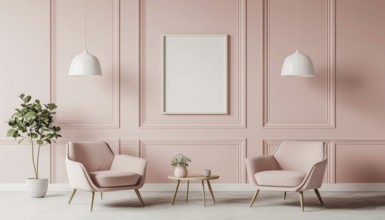 Pastel Interior Classic Mock Up Poster Featuring Soft Armchairs, Plant, And Lamps: High-Quality