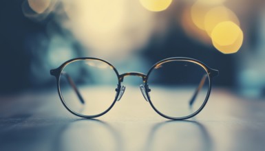 Close-Up Of Progressive Lens Eyeglasses On Table For Elderly Individuals, Enhancing Vision Clarity