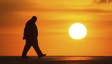 Obese Man'S Silhouette Strolling Under The Sun.Obese Man'S Silhouette Walking Under The Sun.Obese