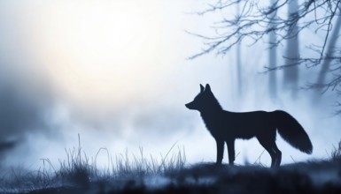 Magical Misty Landscape: Fox Silhouette Standing On Meadow In Forest With Trees, Grass, And Blue