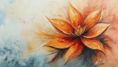 Hand-Painted Abstract Oil Painting Of Full Flower With Orange, Red, Yellow Leaf: Perfect Nature Of
