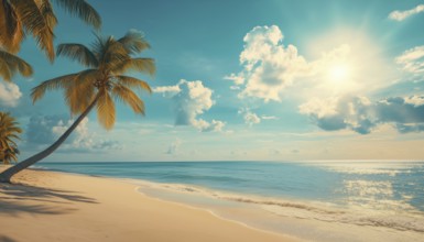 Sun-Kissed Tropical Paradise: Relaxing On The Island Beach With Coconut Palm Trees, Perfect For