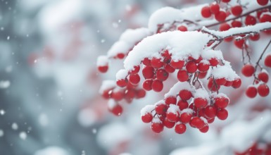 Beautiful Winter Scene With Snow-Covered Rowan Tree Branches In Panoramic Nature View: Wide Angle