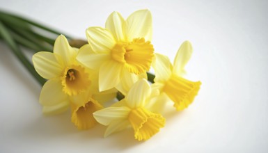 Close-Up Of Five Yellow Daffodil Flowers On White Background With Clipping Path. Stunning Narcissus
