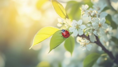 Beautiful Spring Scene With Ladybug On Bird Cherry Leaf, Soft Focus. White Bird Cherry Blossoms In