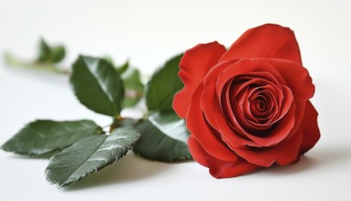 Beautiful Close-Up Of An Elegant Red Rose Flower Lying On White Background. Ideal Element For
