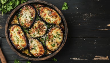 Delicious Baked Eggplant With Parmesan Cheese On A Stylish Black Wooden Surface. Plenty Of Room For