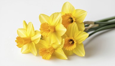 Close-Up Of Stunning Bouquet Of Five Yellow Daffodils On White Background With Clipping Path.