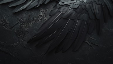 Spooky Halloween Decor: Black Raven Feathers On A Dark Grunge Background. Creepy Gothic Abstract