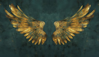 Luxurious Gold Bird Wings With Abstract Symmetry On Dark Teal Blue Green Background: A Stunning