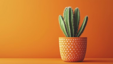 Trendy Summer Green Cactus In Decor Pot On Bright Orange Pastel Background: Contemporary Pop Art