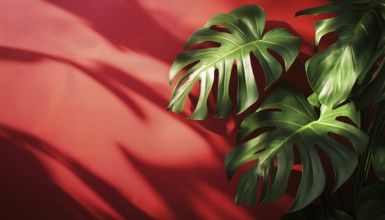 Premium Mockup Featuring Monstera Shadow And Sunlight On Red Wall For Presentation, Branding