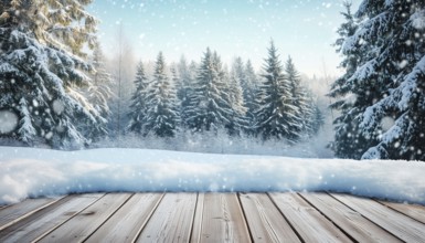 Winter Christmas Scene With Ample Copy Space: Snow-Covered Wooden Flooring In Forest Amidst Fir
