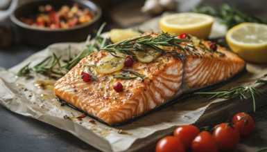 Delicious Baked Salmon With Rosemary, Lemon, And Vegetables Recipe. Perfect Seafood Dish With Free