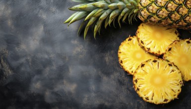 Top View Of Sliced Juicy Pineapples And Ripe Baby Pineapple, Surrounded By Tropical Fruits With