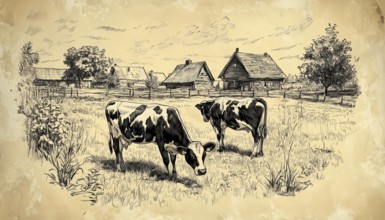 Rustic Charm: Vintage Sketch Of A Dairy Farm With Grazing Cows In The Countryside Meadow And Rural