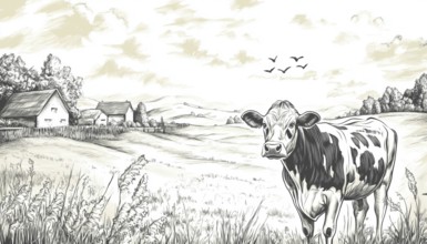 Cows Grazing In The Meadow On A Dairy Farm: Vintage Sketch Of A Rural Landscape In A Quaint Village