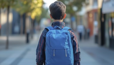 Schoolboy Heading To School With Backpack On Back. Student Carrying School Bag Pack. Back View Of