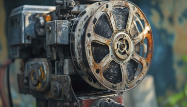 Vintage Outdoor Cinema Features Old Rusty Analog Rotary Film Movie Projector For A Retro Movie