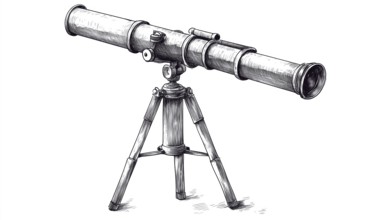 Astronomical Telescope Sketch On Tripod: Hand-Drawn Scientific Equipment Clip Art On White