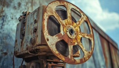 Vintage Outdoor Cinema: The Vintage Analog Rotary Film Projector On Display, Showing Signs Of Age