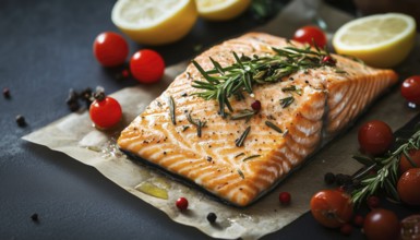 Delicious Baked Salmon With Rosemary, Lemon, And Vegetables Recipe: Seafood Dish With Plenty Of