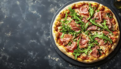 Delectable Pizza Topped With Prosciutto And Arugula: Classic Italian Snacks From A Bird'S Eye View.