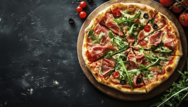 Tasty Pizza Topped With Prosciutto And Arugula: Italian Appetizers. Overhead Shot With Ample Space